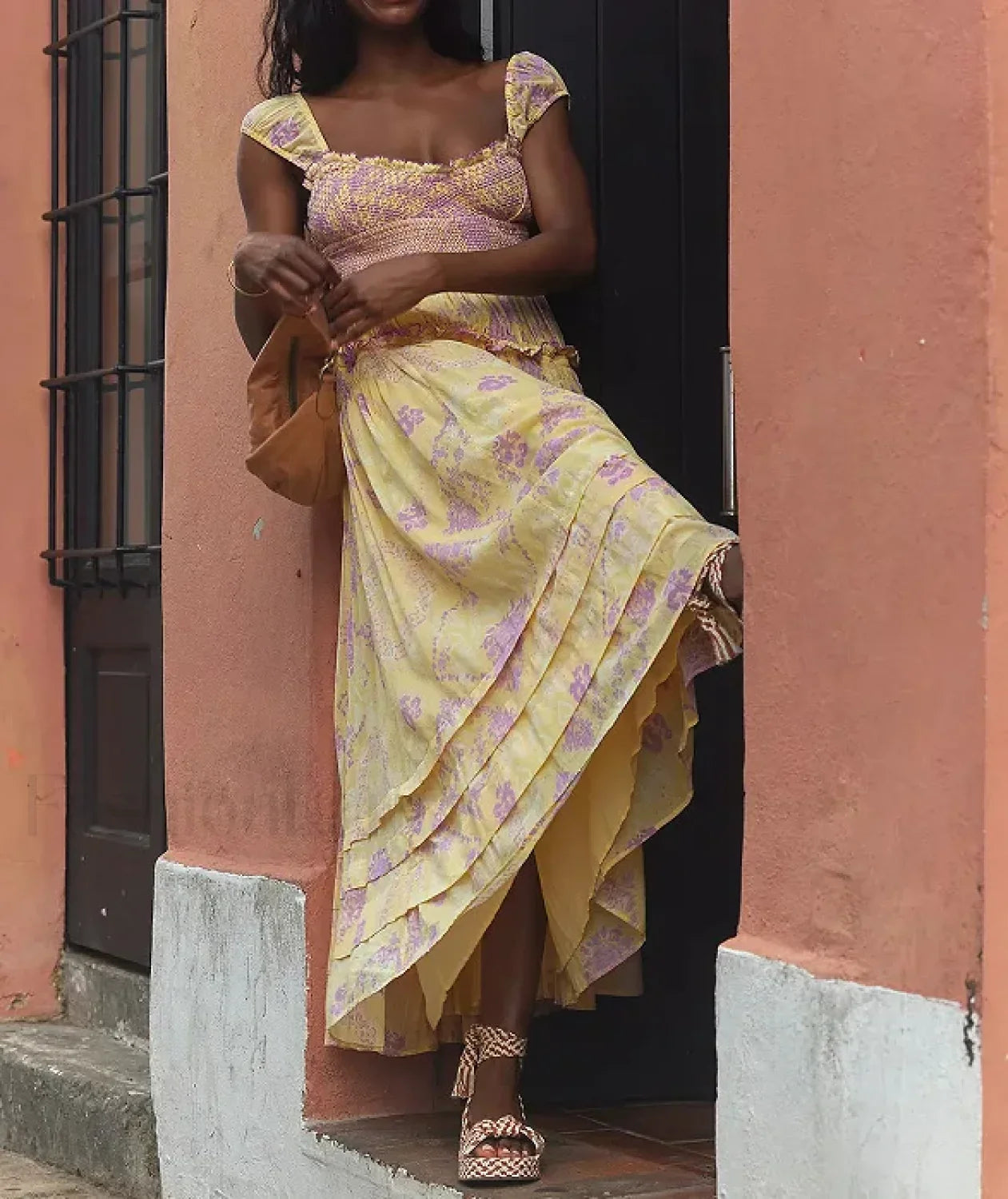 Printed Chiffon Short-Sleeve Boho Dress