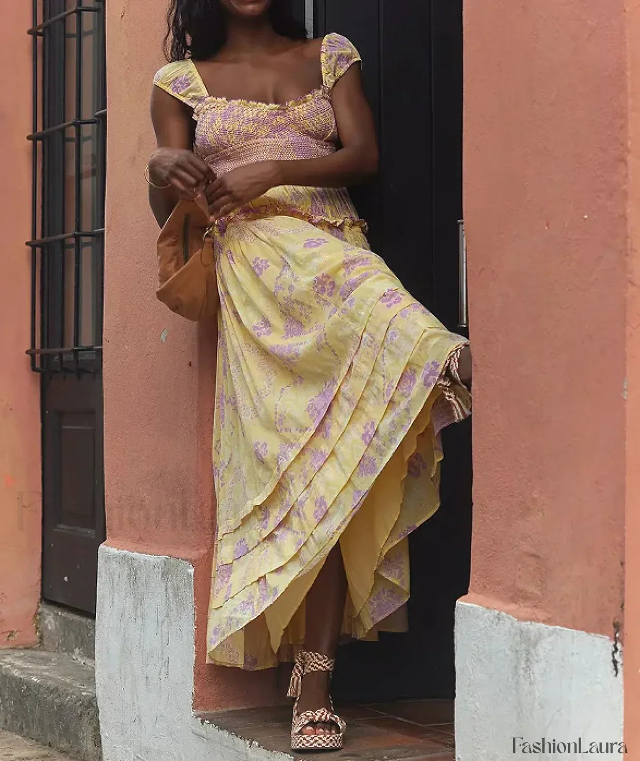 Printed Chiffon Short-Sleeve Boho Dress