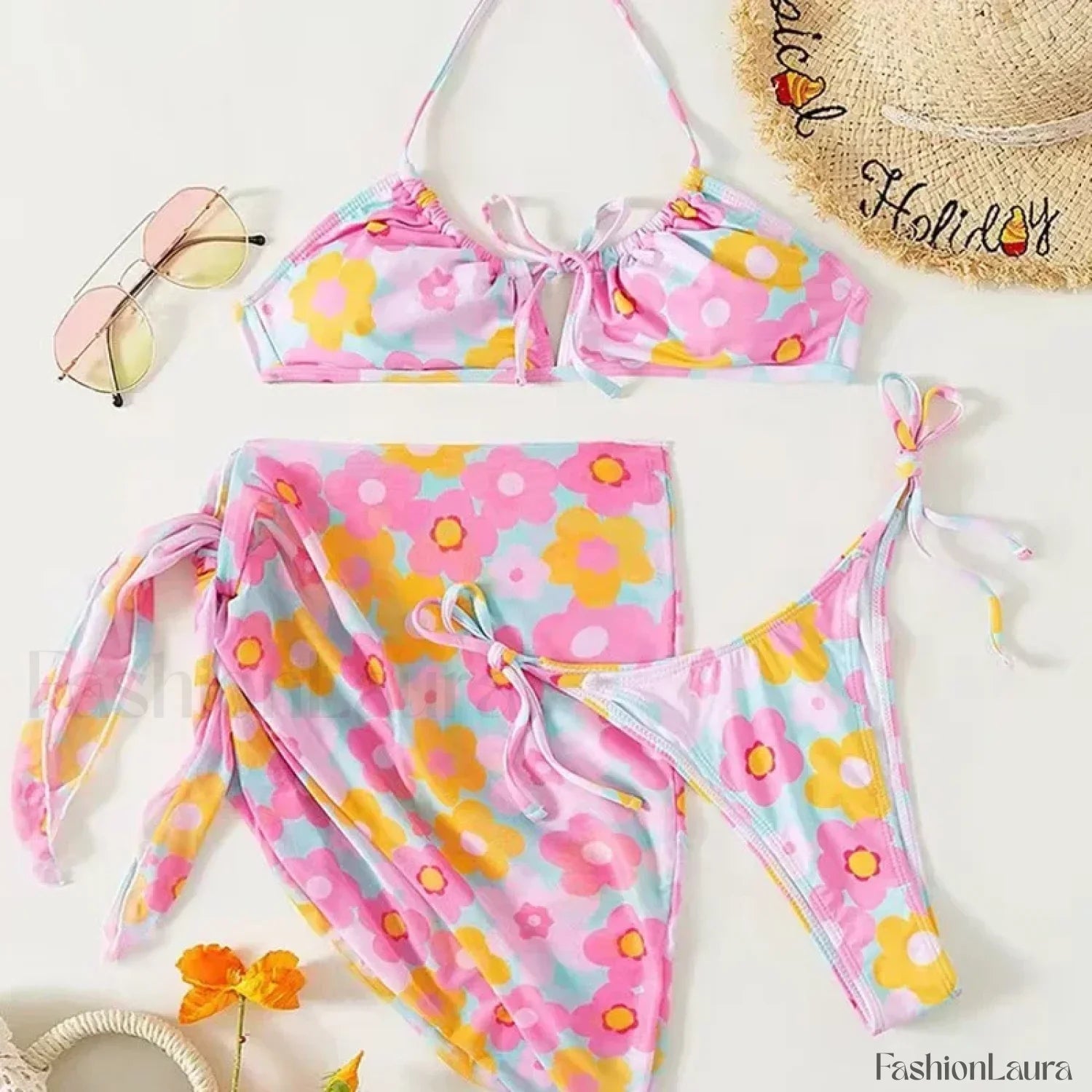 Printed Lace-Up Halter Three Piece Set