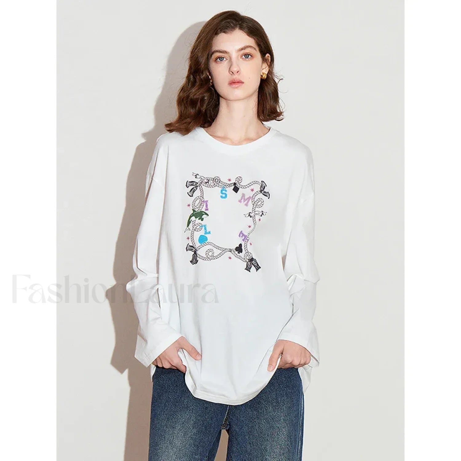 Printed Round Neck Cotton Long T-Shirt