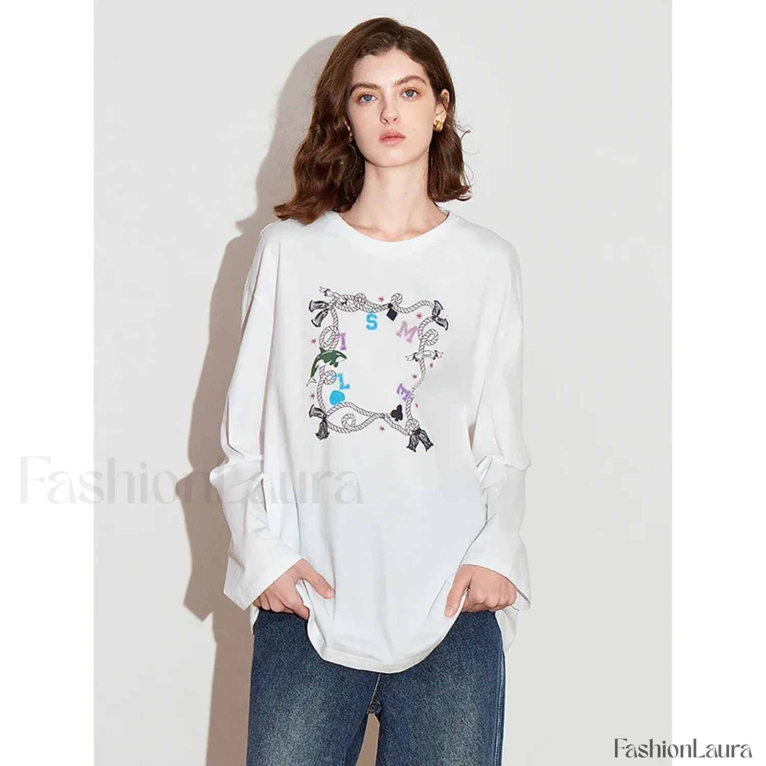 Printed Round Neck Cotton Long T-Shirt
