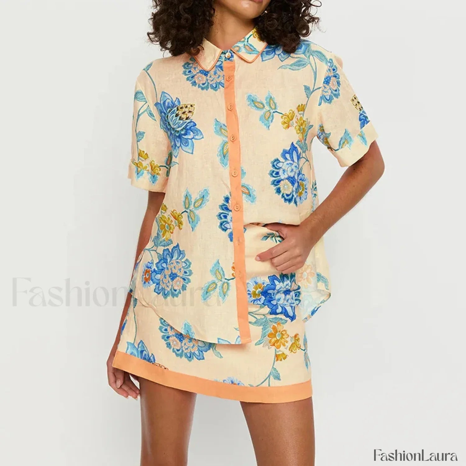 Printed Shirt Mini Skirt Two Piece Set