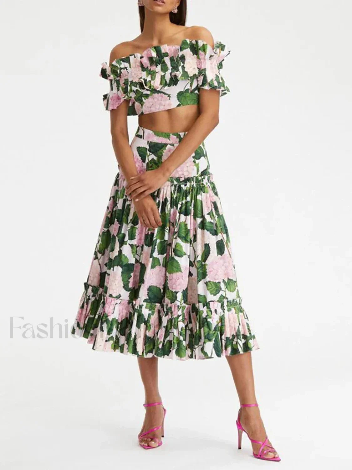Printed Sleeveless Pleated Skirt Two Piece Set WHITE / S