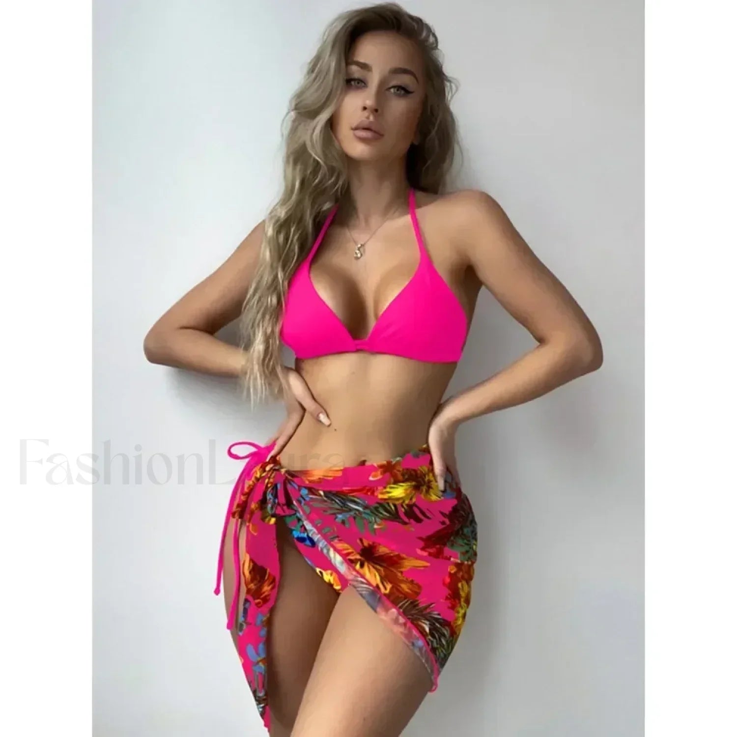 Printed Split Chic Three Piece Set Rose Red / S