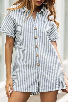 Printed Striped Pocket Single Breasted Jumpsuit