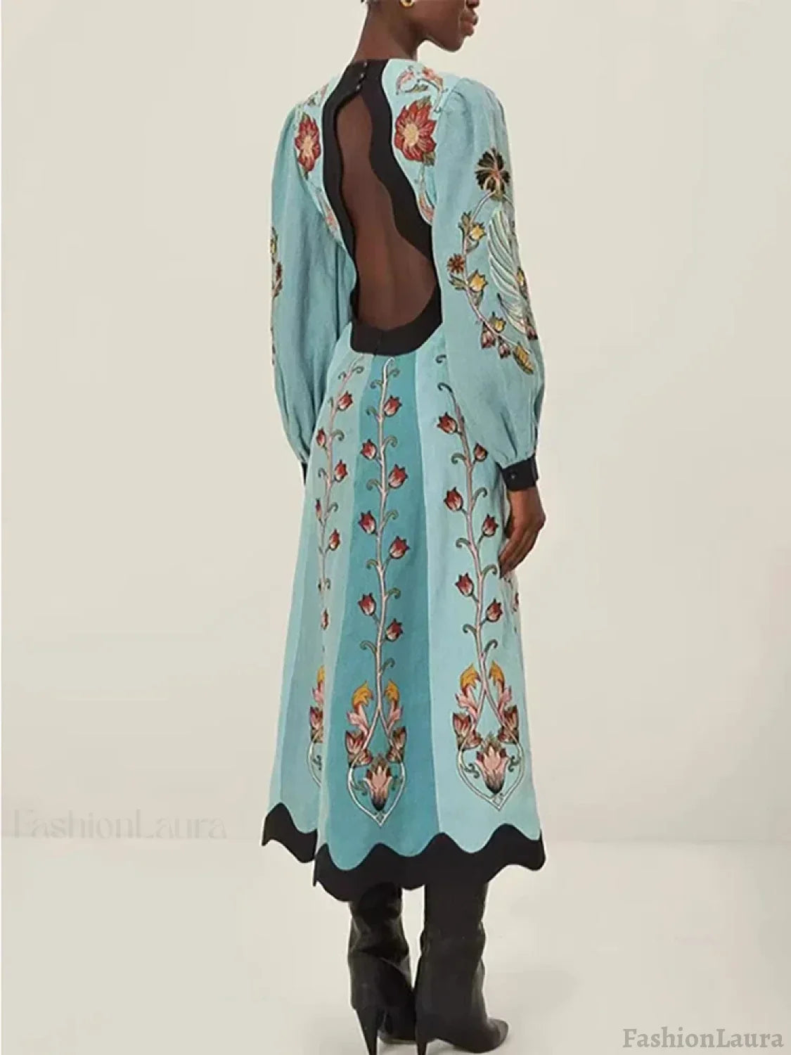 Printed Trumpet-Sleeve Boho Dress