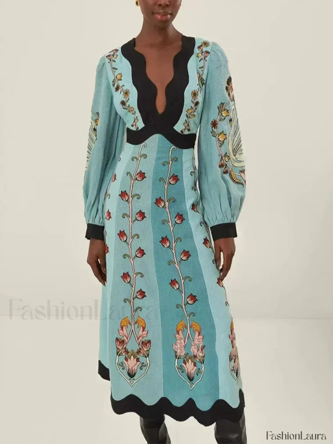 Printed Trumpet-Sleeve Boho Dress