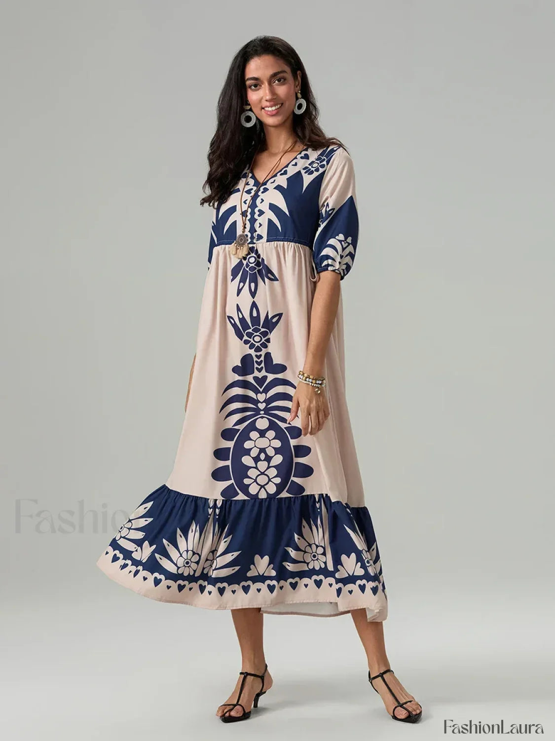 Printed V-Neck Summer Boho Dress