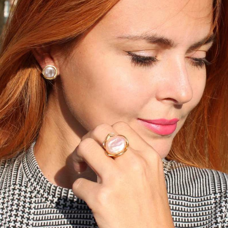 Baroque Irregular Gold Open Ring with Natural Big Freshwater Pearl