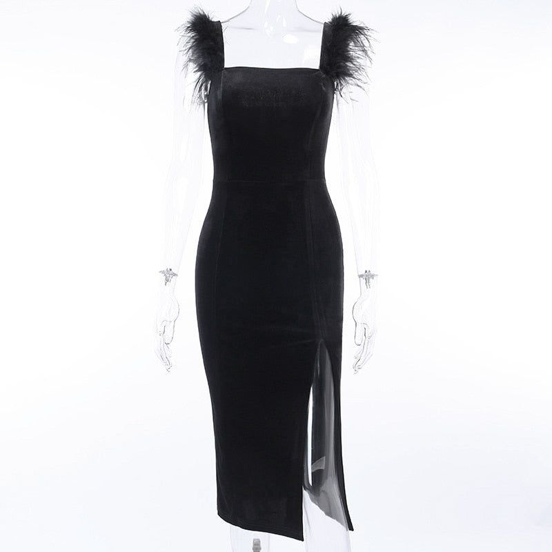 Velvet Square Neck Feather Strap High Split Midi Dress 6