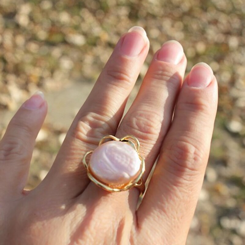 Baroque Irregular Gold Open Ring with Natural Big Freshwater Pearl