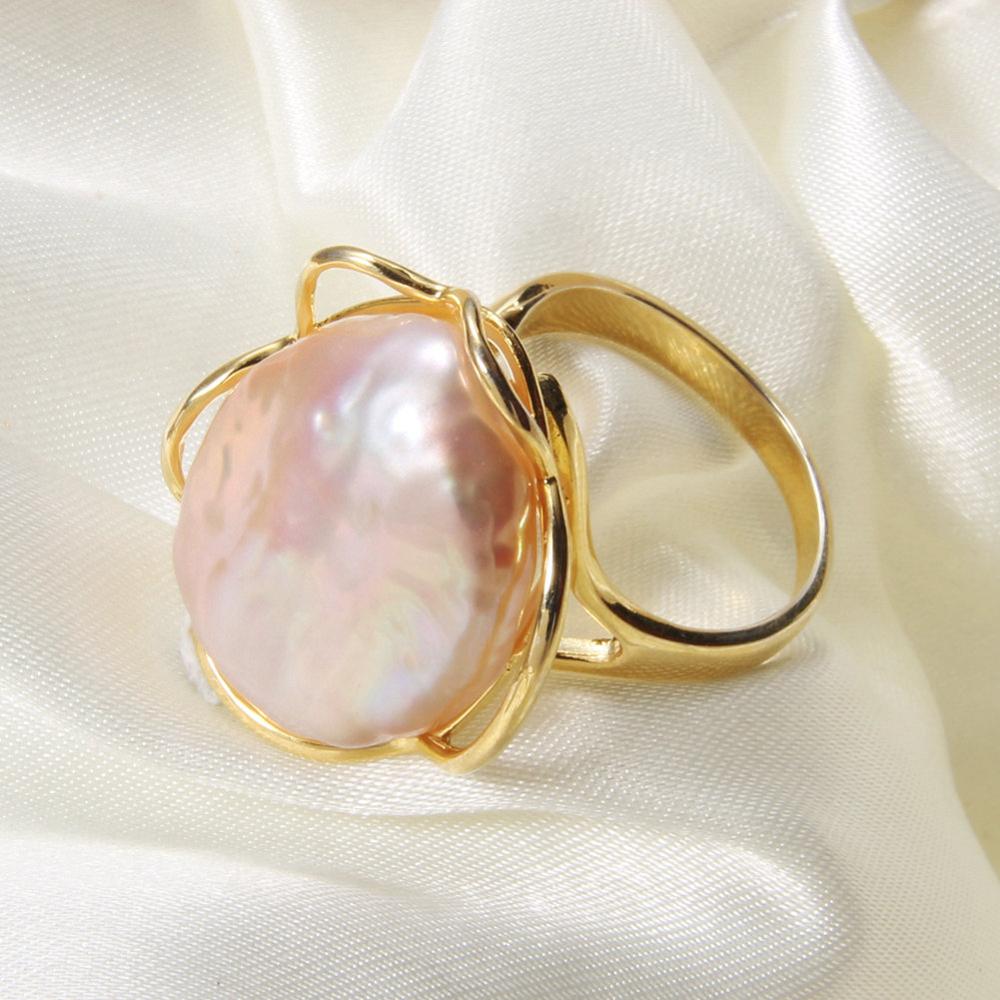 Baroque Irregular Gold Open Ring with Natural Big Freshwater Pearl