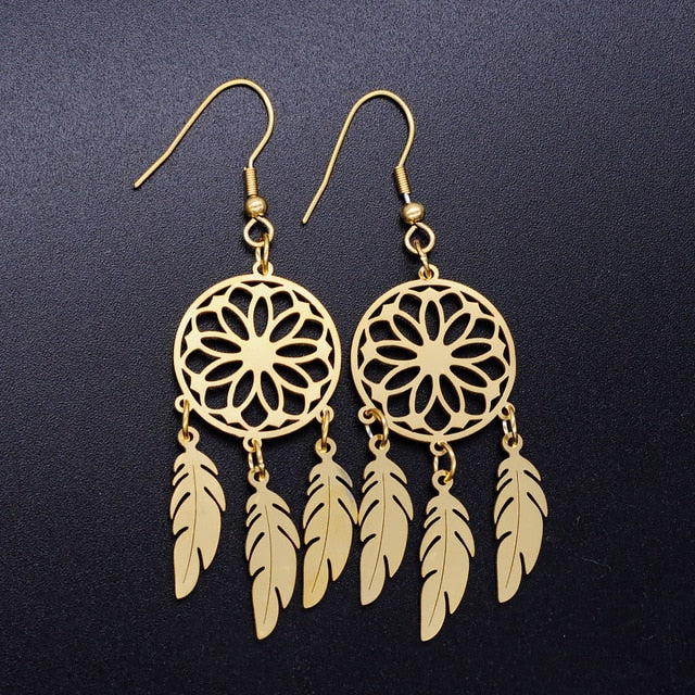 Unique Bohemia Lotus Dreamcatcher Stainless Steel Woman Earrings