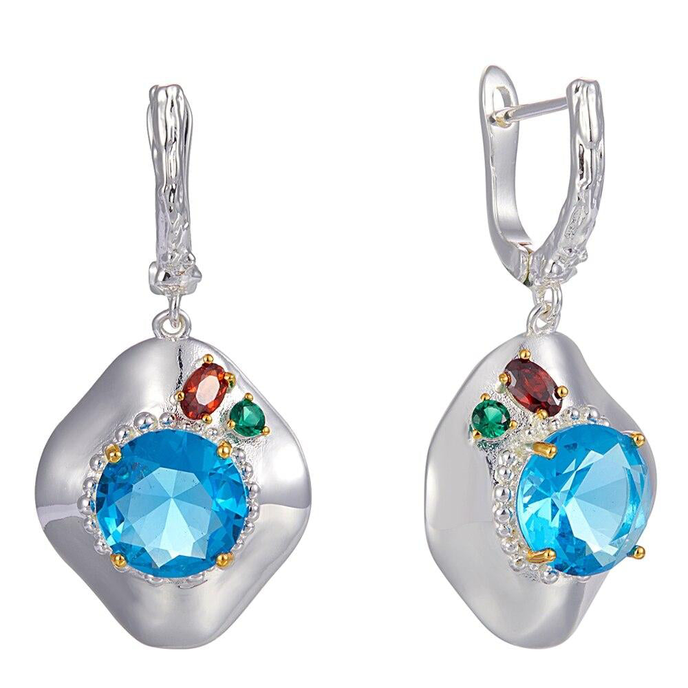 Unique Silver Gold Radiant Cut Sky Blue Zirconia Woman Earrings