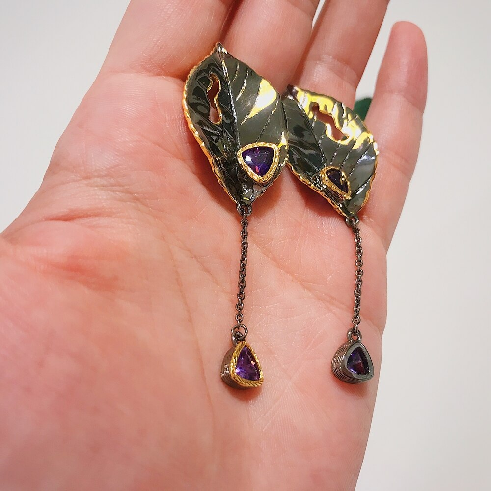 Gothic Leaves Purple Zircon Tassels Woman Earrings