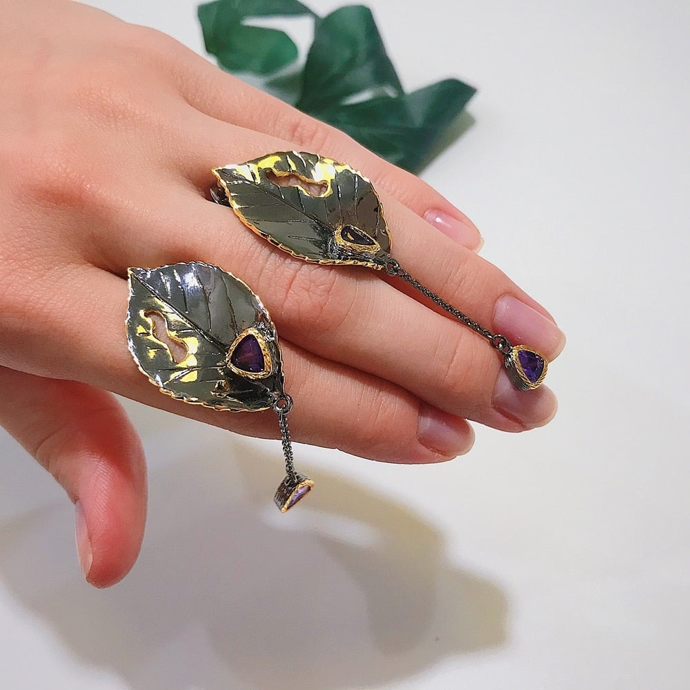 Gothic Leaves Purple Zircon Tassels Woman Earrings