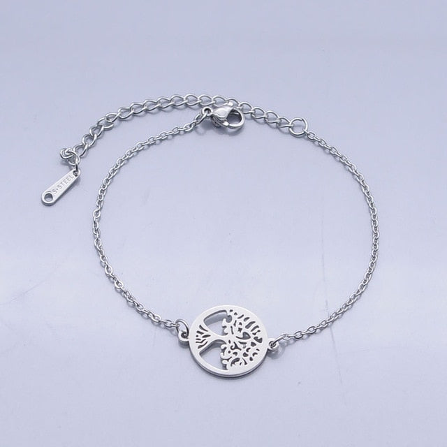 100% Stainless Steel Dainty Round Tree Of Life Charm Bracelet