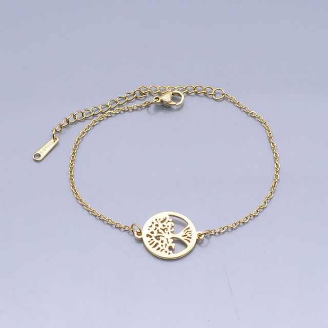 100% Stainless Steel Dainty Round Tree Of Life Charm Bracelet