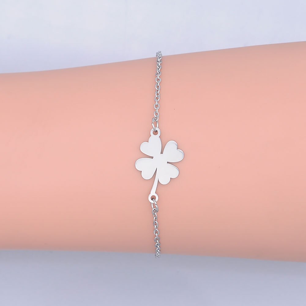 100% Stainless Steel Dainty Lucky Clover Charm Bracelet