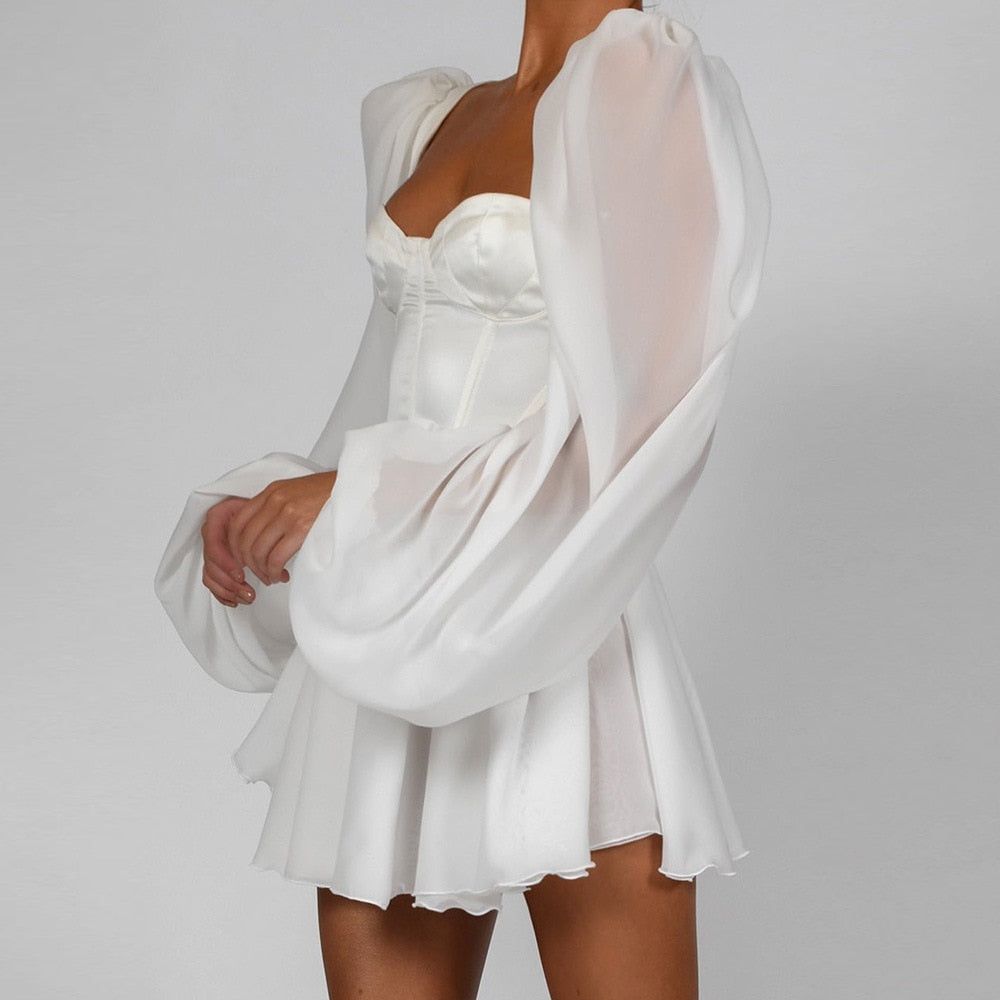 Satin Square Neck Puff Sleeve Corset Mini Dress