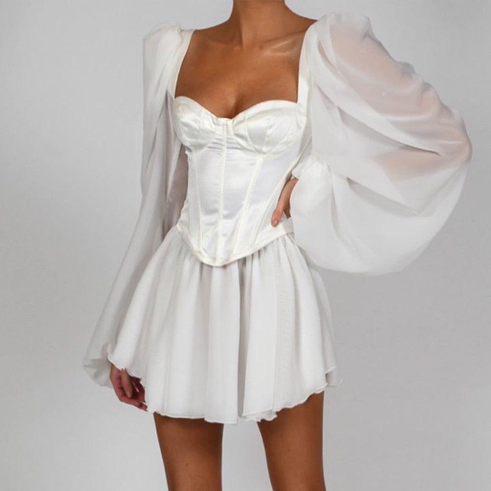 Satin Square Neck Puff Sleeve Corset Mini Dress
