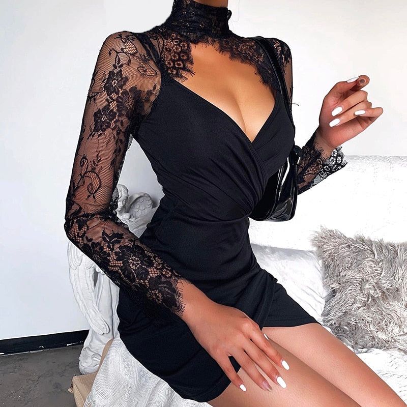 Shine Tonight Lace Long Sleeve Ruched Mini Dress - View 4