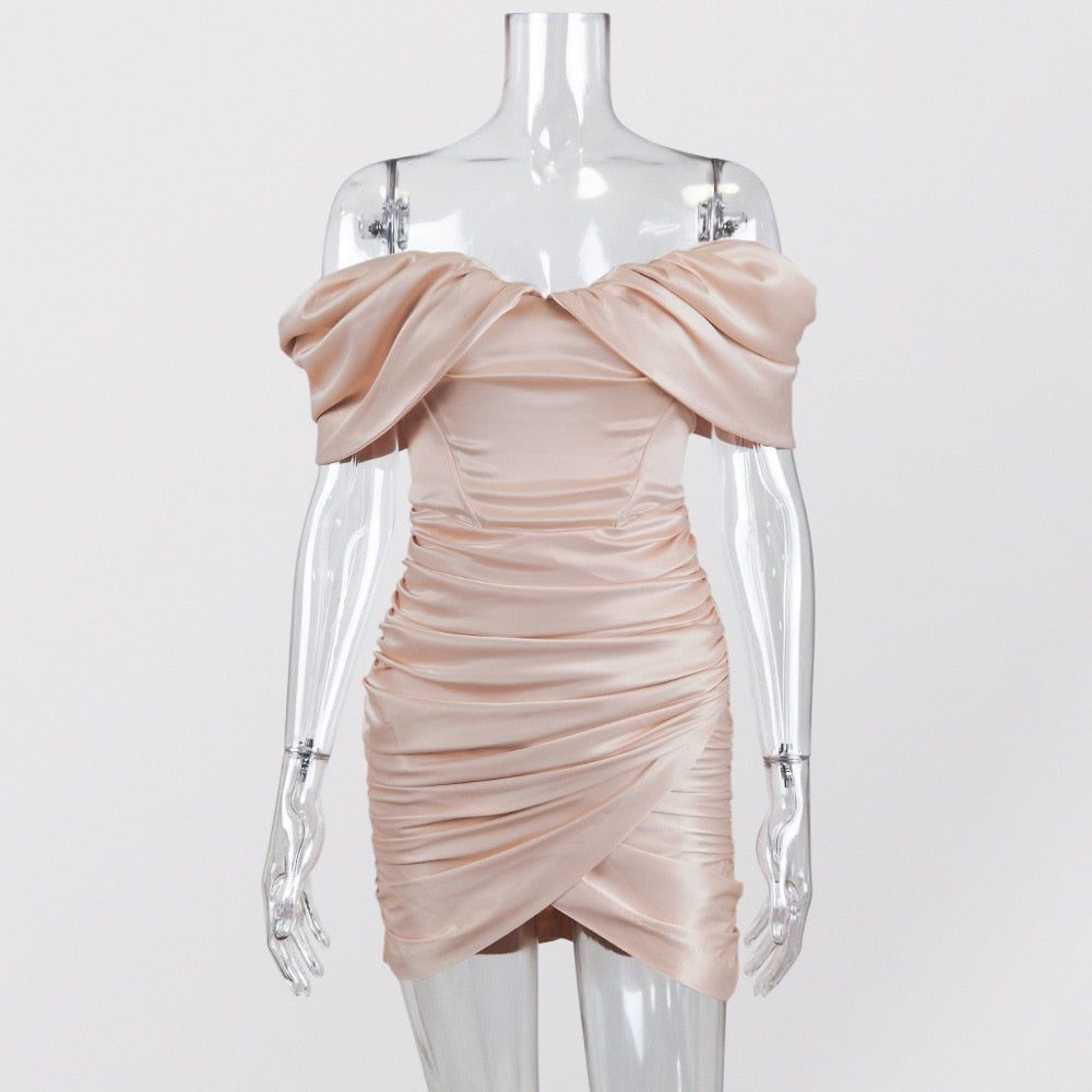 Satin Off Shoulder Corset Bodice Ruched Mini Dress 10