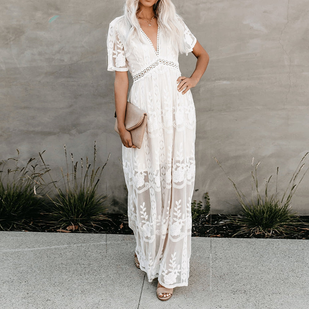 Lace Floral Embroidery Deep V-Neck Short Sleeve Empire Waist Maxi Gown
