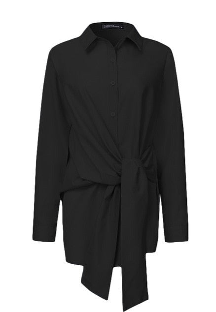 Collared V-Neck Tie Front Long Sleeve Asymmetric Hem Shirt 3