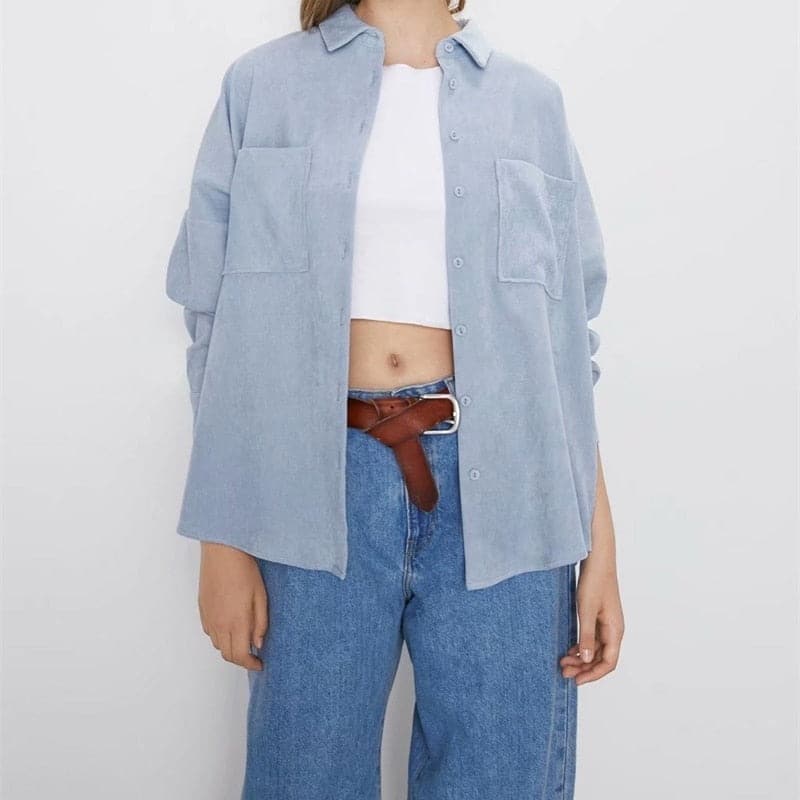 Women Fashion Corduroy With Pockets Loose Asymmetrical Blouses Vintage Long Sleeve Buttonup Female Shirts Streetwear