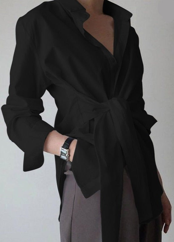 Collared V-Neck Tie Front Long Sleeve Asymmetric Hem Shirt 2