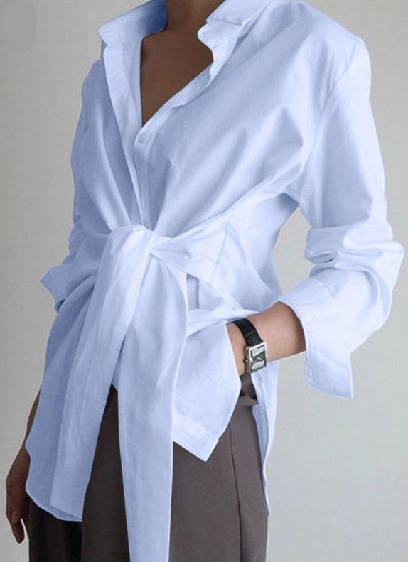 Collared V-Neck Tie Front Long Sleeve Asymmetric Hem Shirt 4