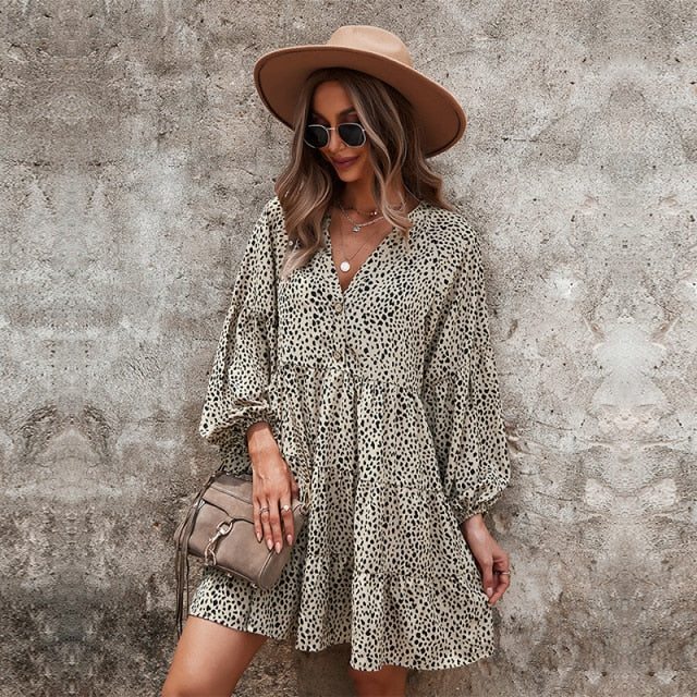 Animal Print V-Neck Button Front Lantern Sleeve Tiered Mini Dress 4