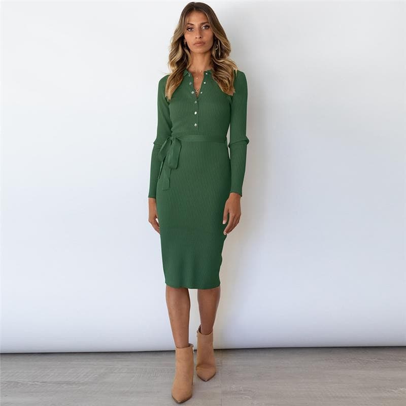 Ribbed Knit Polo Collar Button Front Tie Waist Bodycon Midi Dress