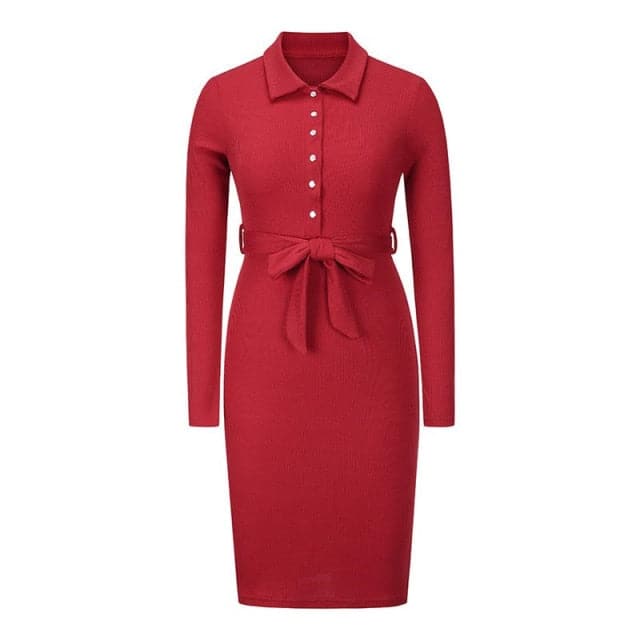Ribbed Knit Polo Collar Button Front Tie Waist Bodycon Midi Dress - View 6