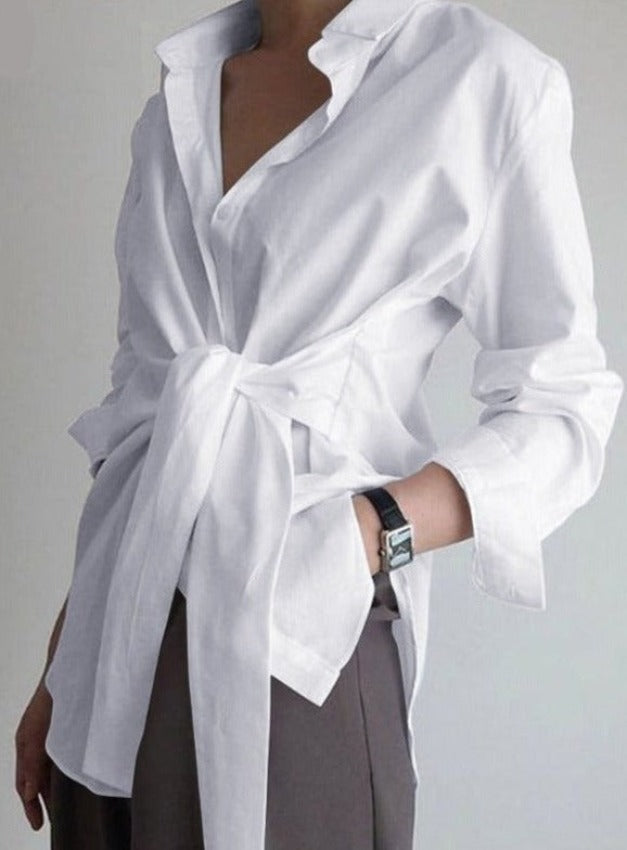 Collared V-Neck Tie Front Long Sleeve Asymmetric Hem Shirt
