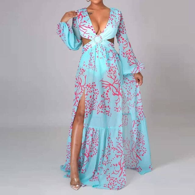 VNeck Backless Hollow Out Dress Summer Dress Women Lantern Sleeve Club Party Long Maxi Dresses Tunic Beach Cover Up