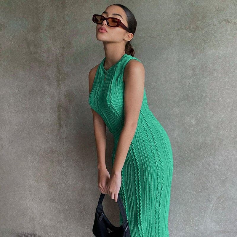 Summer Solid Color Knitted Sleevele Tank Dresses