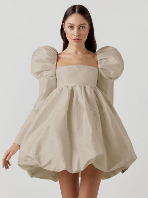 Square Neck Puff Shoulder Long Sleeve Bubble Hem Mini Dress 3