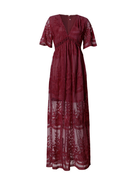 Lace Floral Embroidery Deep V-Neck Short Sleeve Empire Waist Maxi Gown