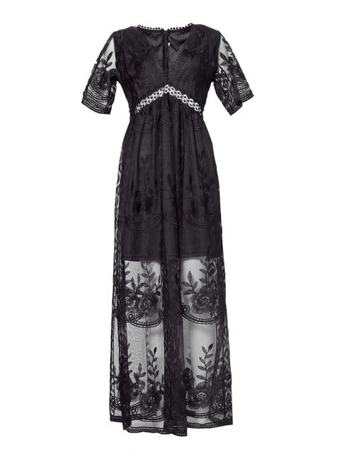 Lace Floral Embroidery Deep V-Neck Short Sleeve Empire Waist Maxi Gown