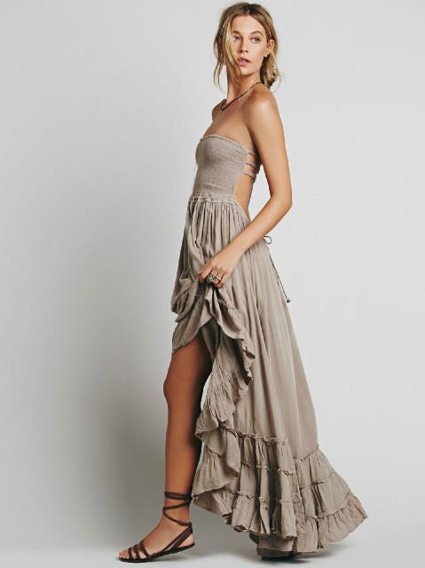 Smocked Strapless Backless High Low Tiered Maxi Dress 10