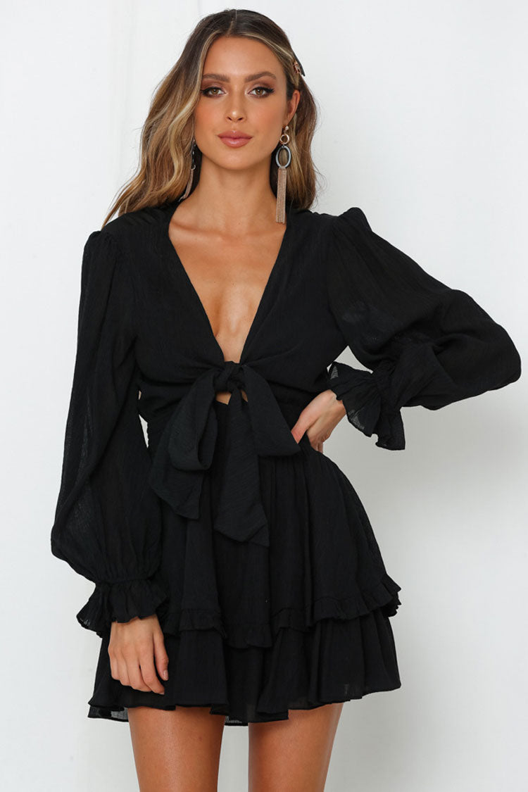 Balloon Sleeve Ruffle Bow Tie V Neck Chiffon Mini Dress - Black 2
