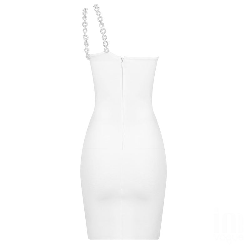 One Shoulder Chain Strap Trim Bandage Bodycon Mini Dress 35