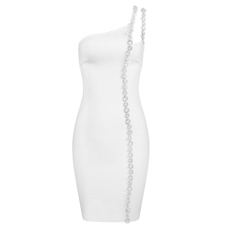 One Shoulder Chain Strap Trim Bandage Bodycon Mini Dress 33
