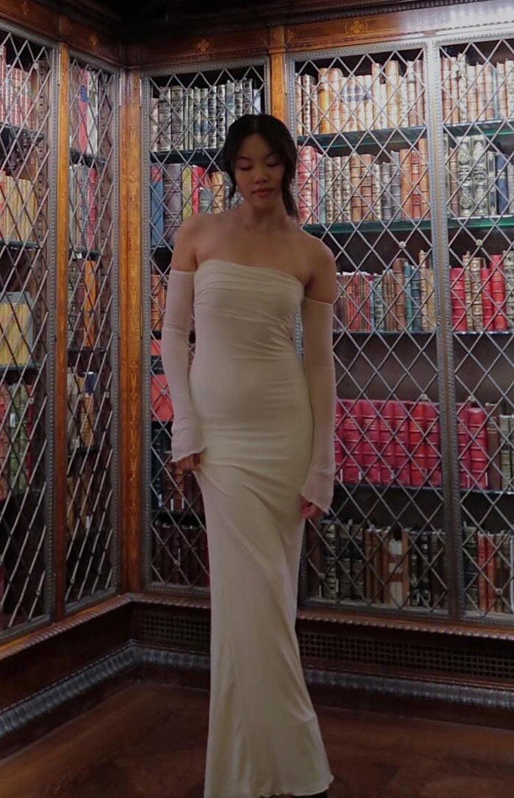 Mesh Off Shoulder Long Sleeve Ruched Bust Column Maxi Dress 9
