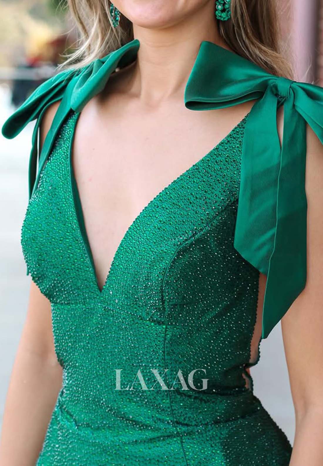 Deep V-Neck Sleeveless Bows-Straps Evening Gowns Pleated Satin Trumpet Mermaid Prom Dress