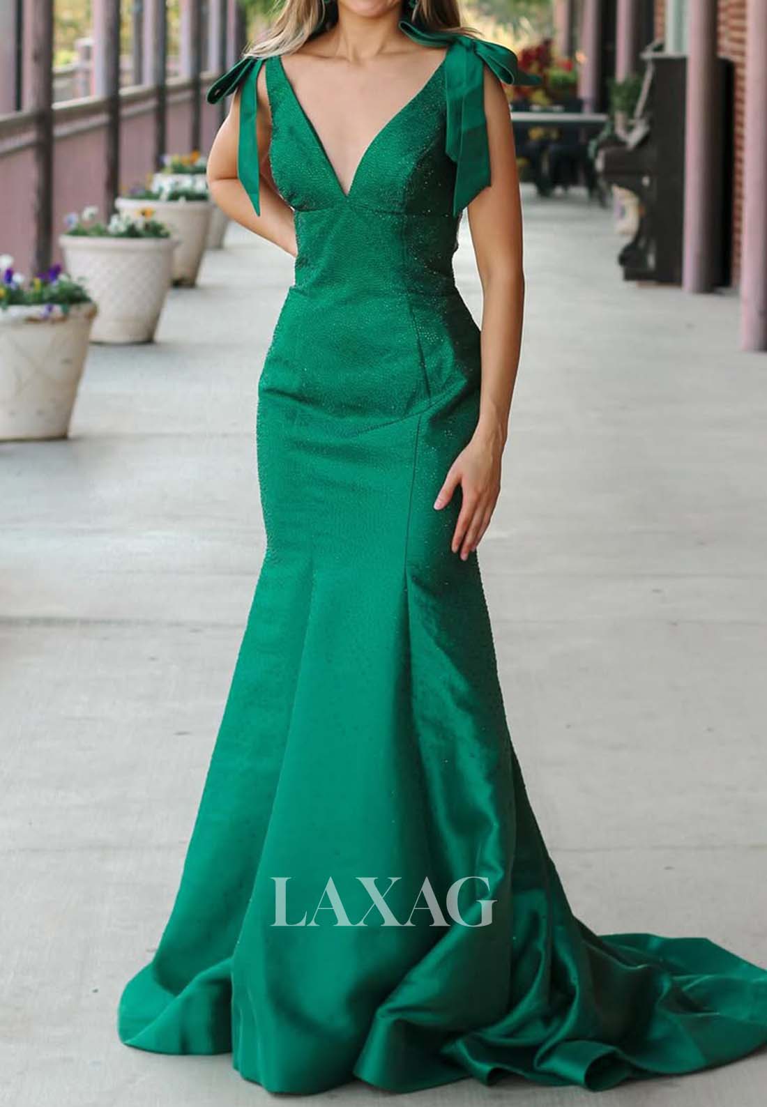 Deep V-Neck Sleeveless Bows-Straps Evening Gowns Pleated Satin Trumpet Mermaid Prom Dress