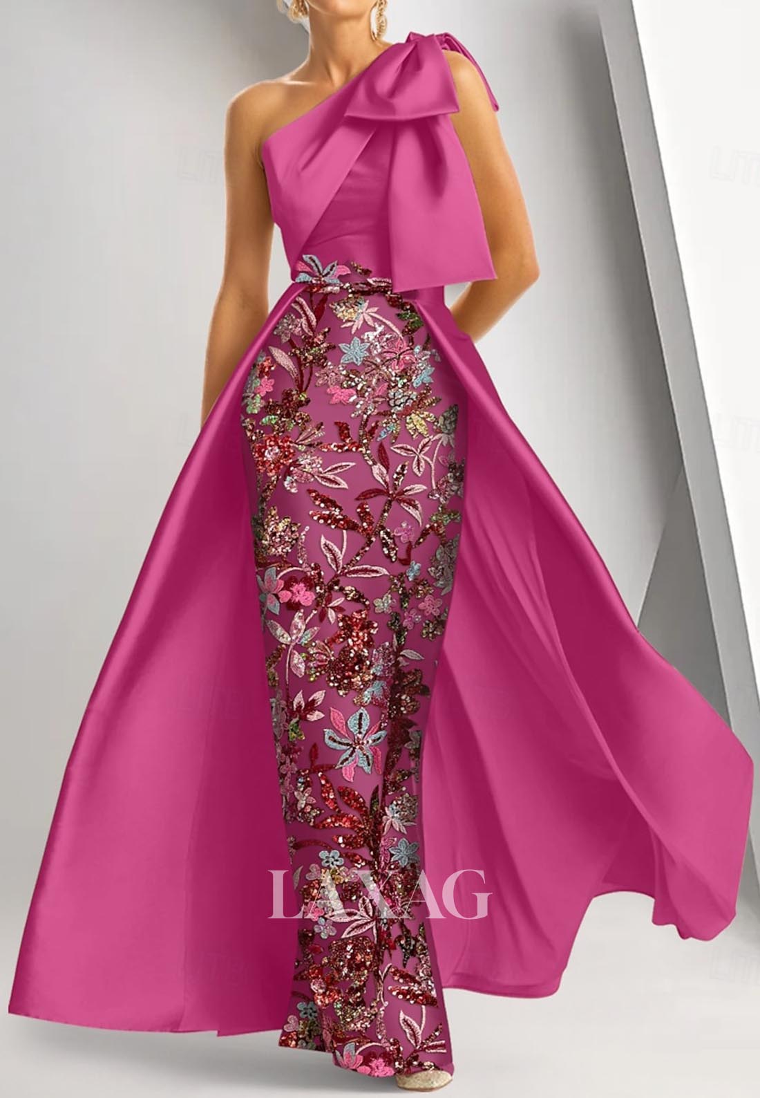 Sleeveless Asymmetrical-Neck Mermaid Evening Dress Sequined Embroidered Floor-Length Formal Gowns