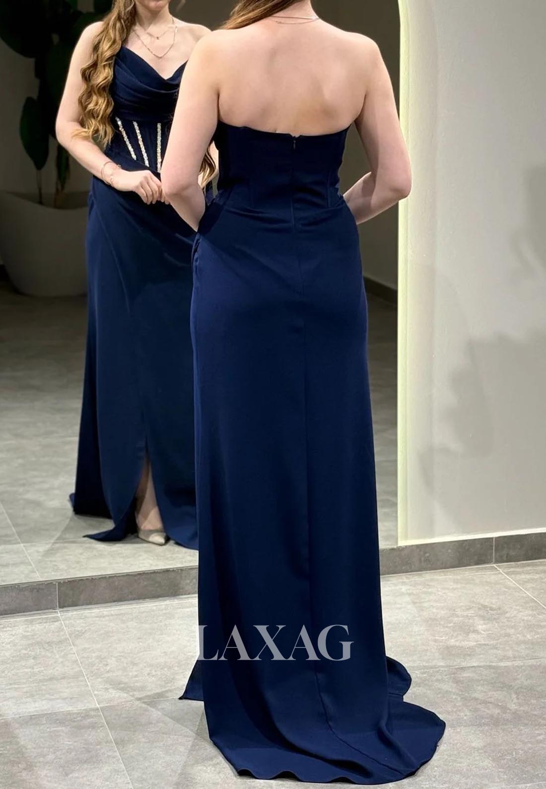 Scoop-Neck Off-Shoulder Pleated Satin Mermaid Evening Dress Sleeveless Beaded Formal Gowns